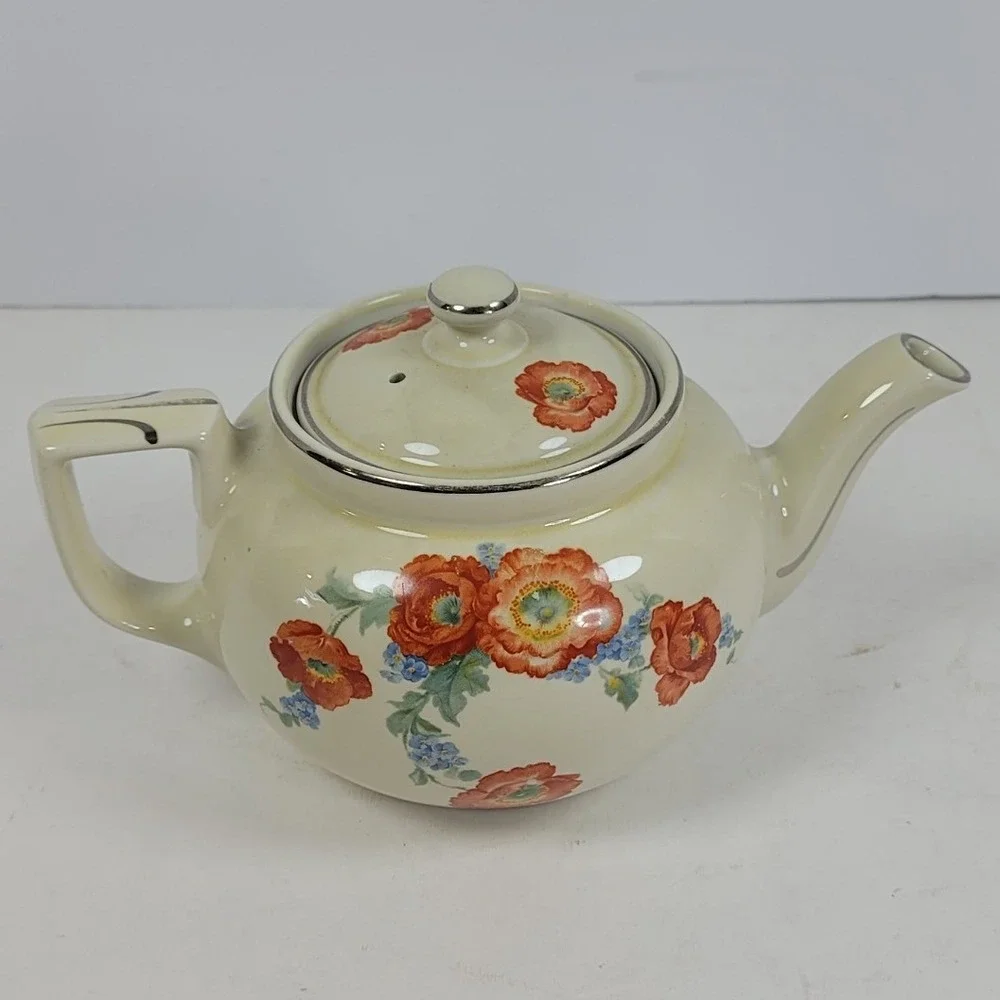 Vintage 1930s Hall China Poppy Teapot Cream Orange Flowers Platinum Trim USA